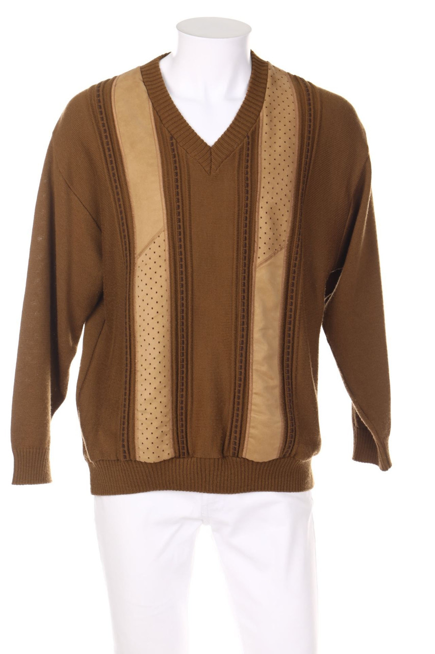 Ohne Label - V-Neck-Pullover mit Schurwolle mit Leder-Details - 54