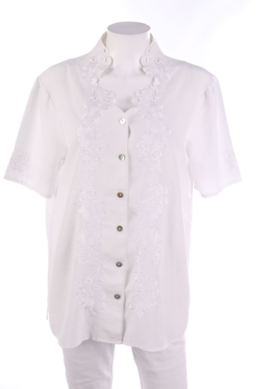 Ohne Label - Kurzarm-Bluse mit Spitzen-Einsatz - D 40