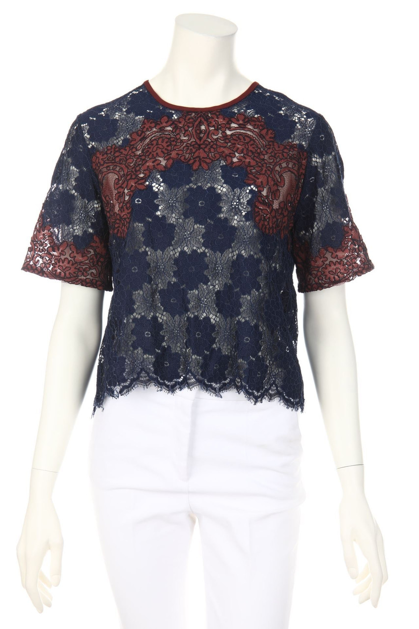 sandro - Two Tone-Kurzarm-Bluse aus Spitze - D 34