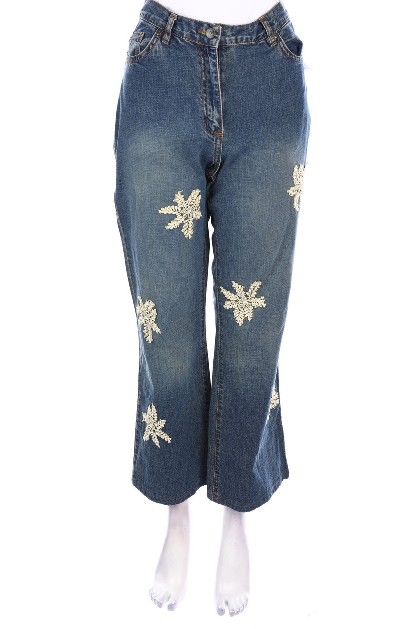 HIRSCH. - Used Look Straight Cut Jeans mit Stickereien - W30