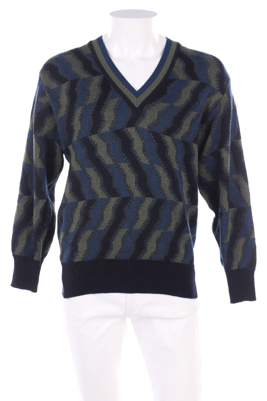 VINTAGE - V-Neck Pullover, Virgin Wool Mix with Geo Pattern - 54