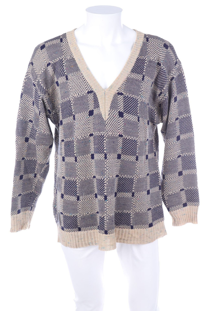 VINTAGE - V-Neck Pullover, Checked - XL