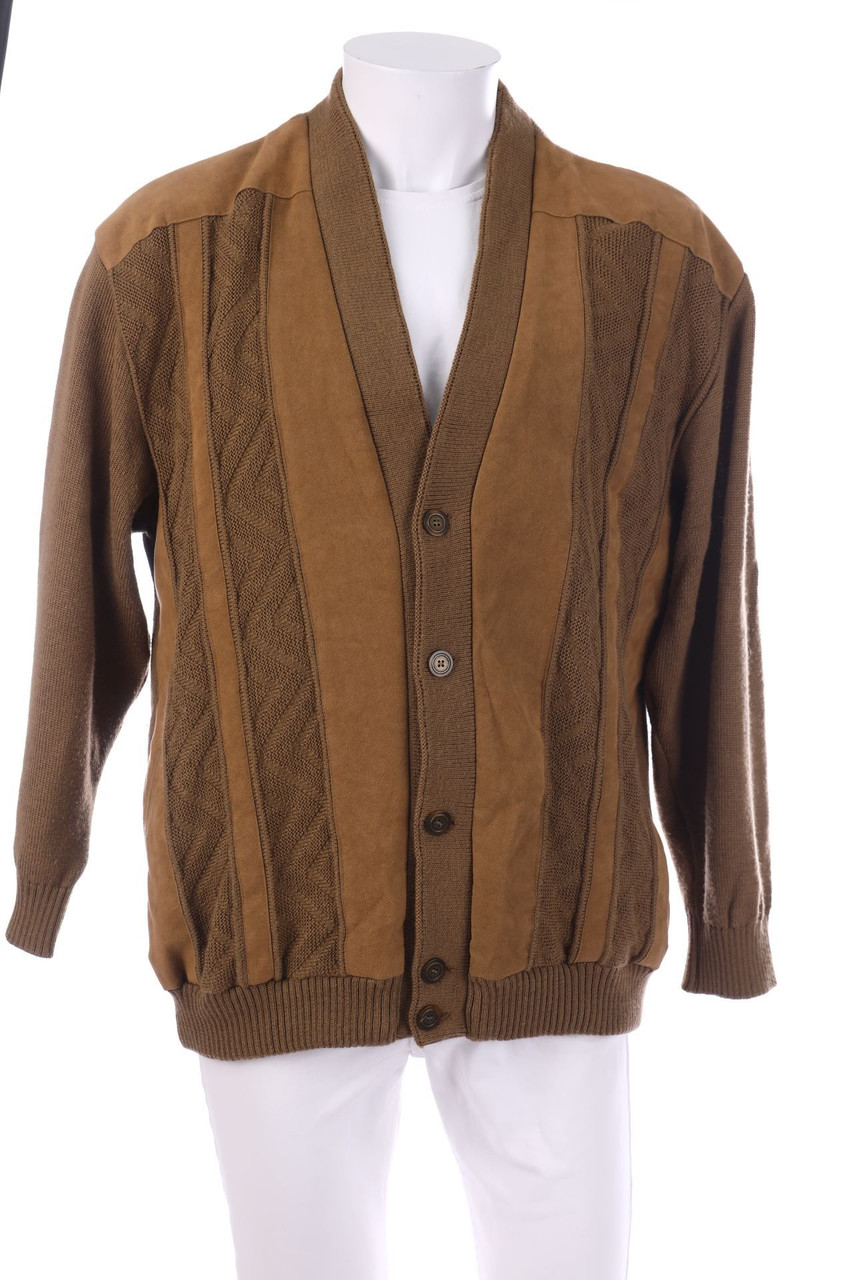 L´Homme Moderne - Vintage-Cardigan aus Woll-Mix mit Kunstleder-Details - XL
