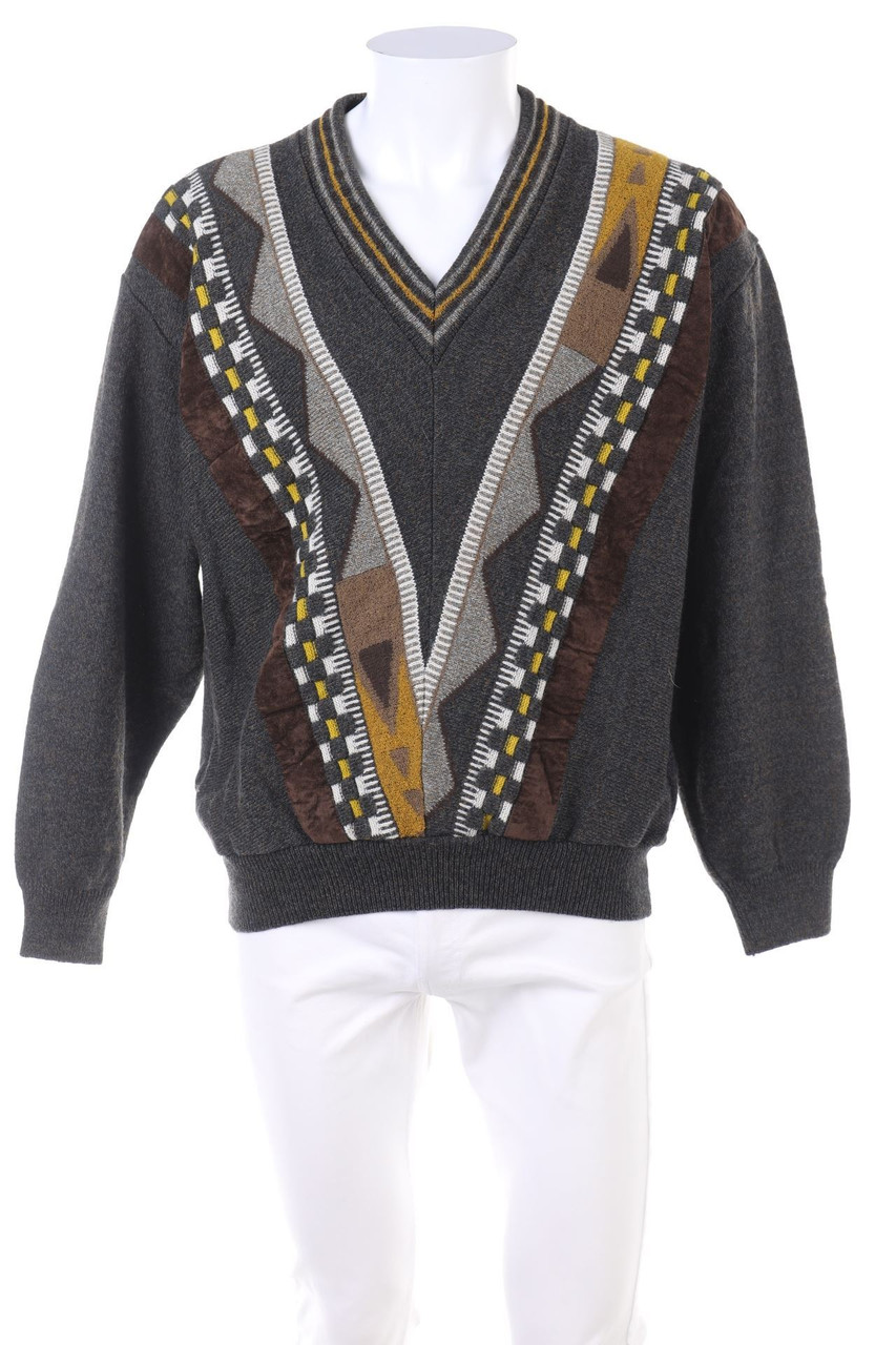 VINTAGE - V-Neck-Pullover aus Woll-Mix mit Muster - 60