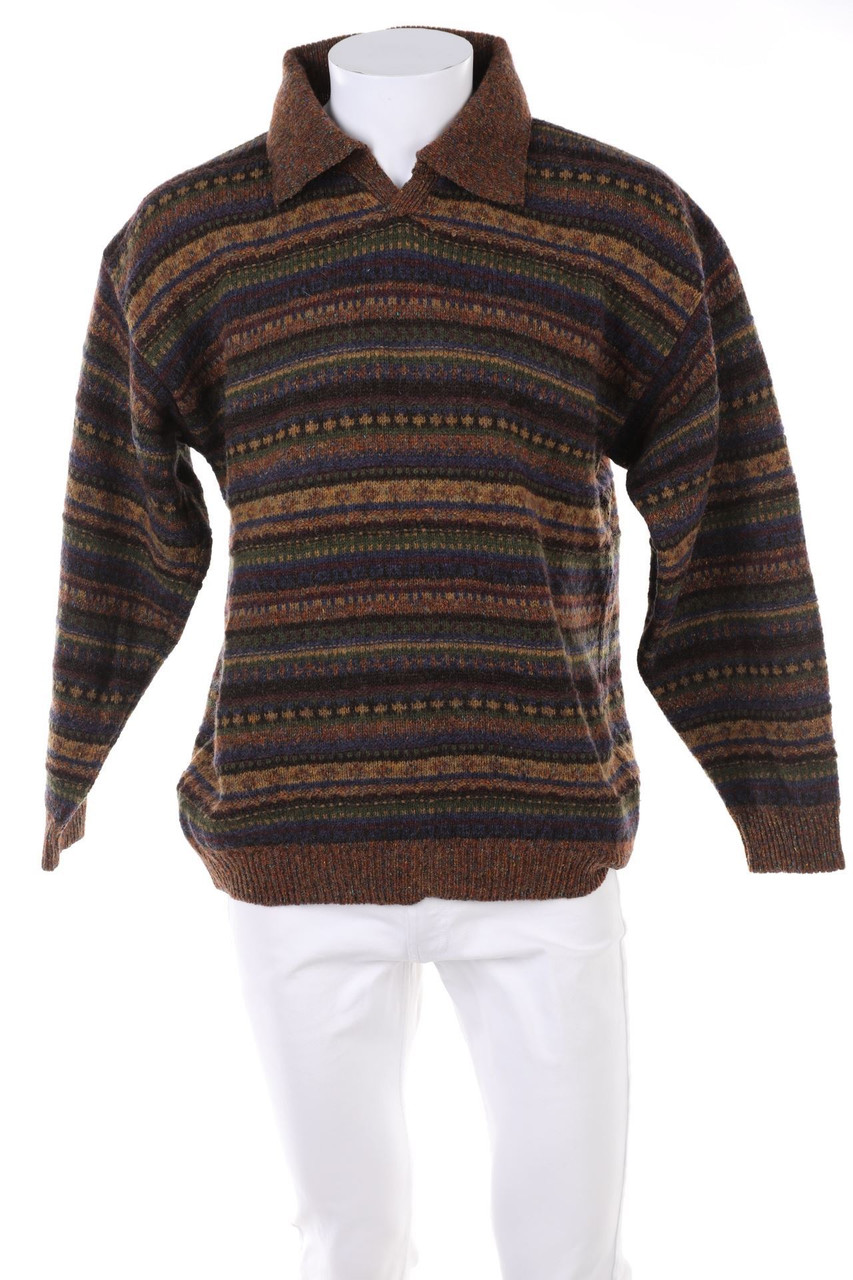 Fisherman Out of Ireland - Vintage-Streifen-Pullover aus Wolle mit Kragen - M
