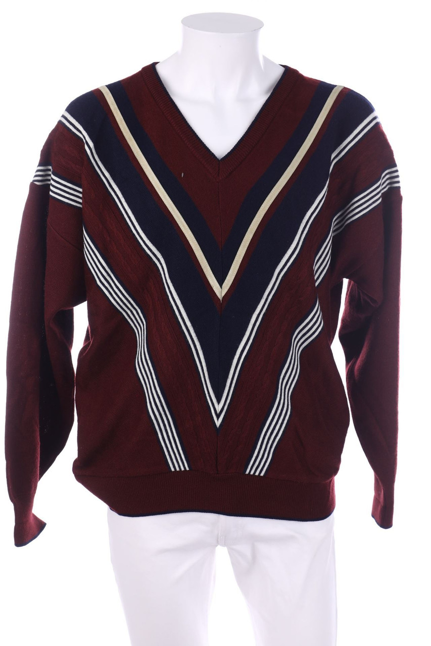 Gabicci - Vintage-Streifen-V-Neck-Pullover aus Woll-Mix mit Kunstleder-Details - XXL