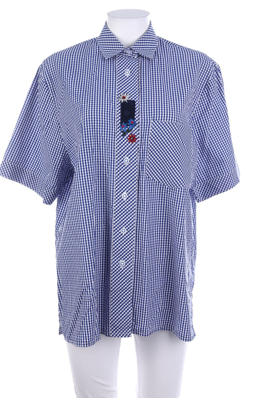 gede - Trachten-Karo-Kurzarm-Bluse mit Stickereien - D 42